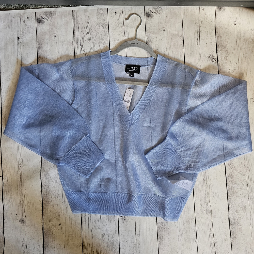 NWT J Crew Collection V-Neck Sheer Sweater Cerulean S